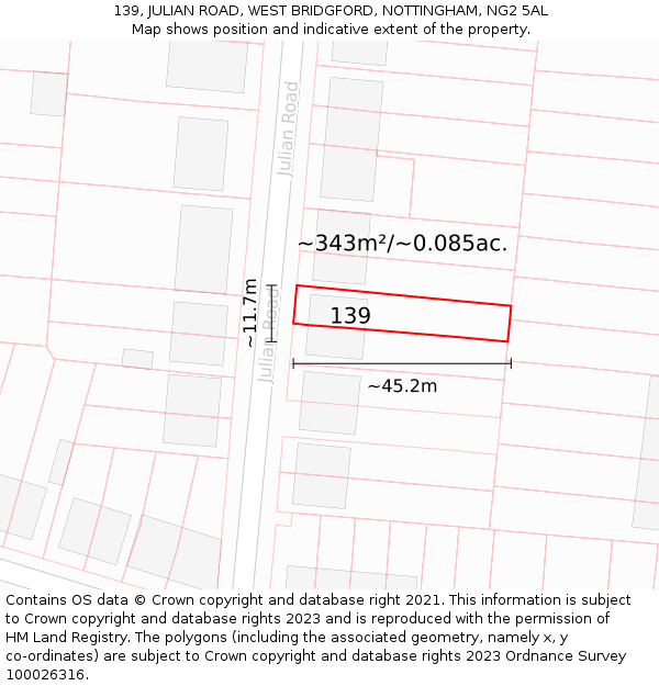 139, JULIAN ROAD, WEST BRIDGFORD, NOTTINGHAM, NG2 5AL: Plot and title map