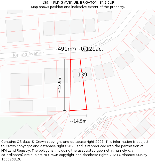 139, KIPLING AVENUE, BRIGHTON, BN2 6UF: Plot and title map