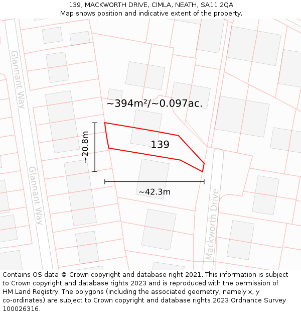 139, MACKWORTH DRIVE, CIMLA, NEATH, SA11 2QA: Plot and title map