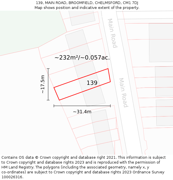 139, MAIN ROAD, BROOMFIELD, CHELMSFORD, CM1 7DJ: Plot and title map