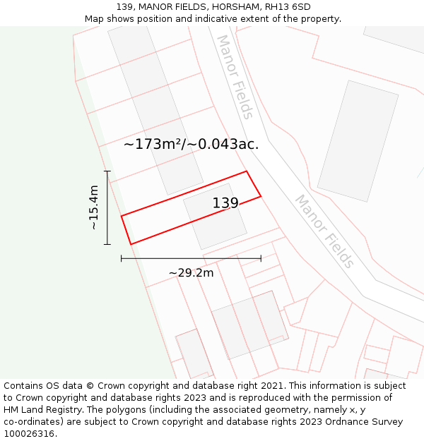 139, MANOR FIELDS, HORSHAM, RH13 6SD: Plot and title map