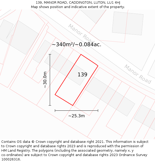 139, MANOR ROAD, CADDINGTON, LUTON, LU1 4HJ: Plot and title map