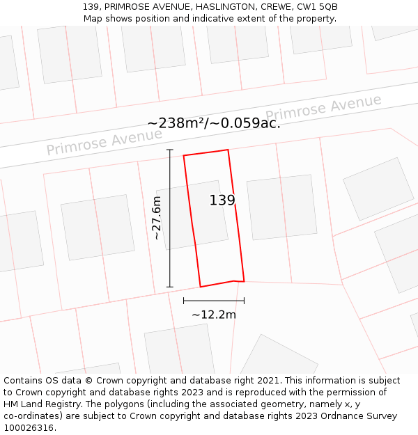 139, PRIMROSE AVENUE, HASLINGTON, CREWE, CW1 5QB: Plot and title map