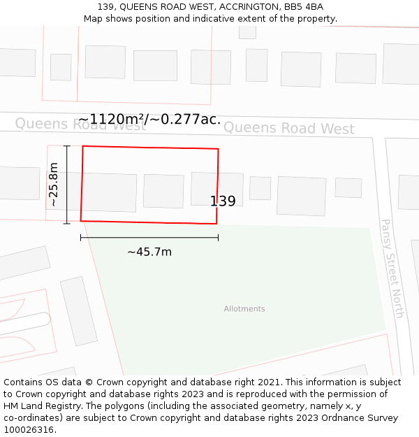 139, QUEENS ROAD WEST, ACCRINGTON, BB5 4BA: Plot and title map