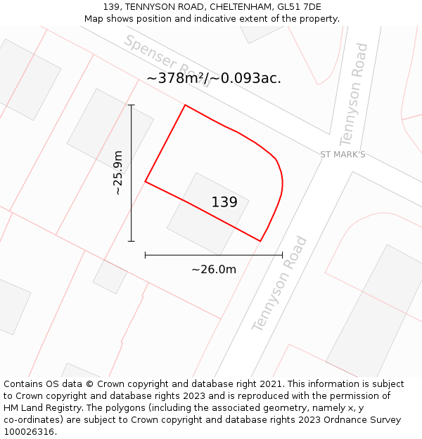 139, TENNYSON ROAD, CHELTENHAM, GL51 7DE: Plot and title map