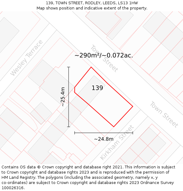 139, TOWN STREET, RODLEY, LEEDS, LS13 1HW: Plot and title map