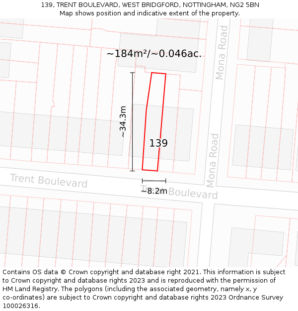 139, TRENT BOULEVARD, WEST BRIDGFORD, NOTTINGHAM, NG2 5BN: Plot and title map