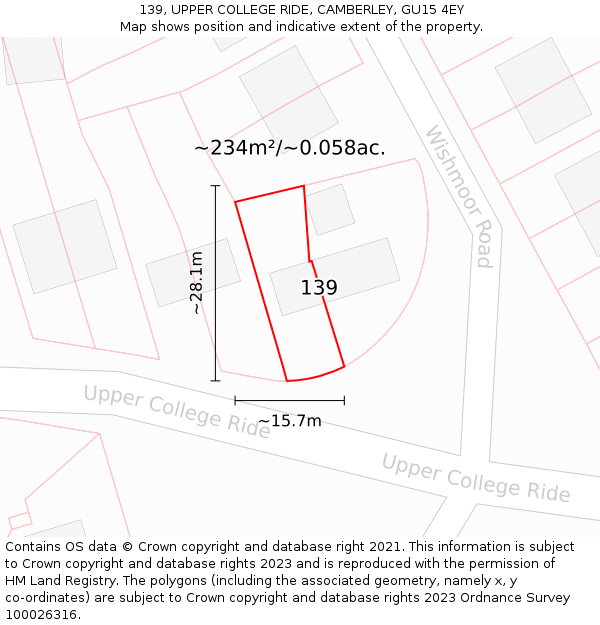 139, UPPER COLLEGE RIDE, CAMBERLEY, GU15 4EY: Plot and title map