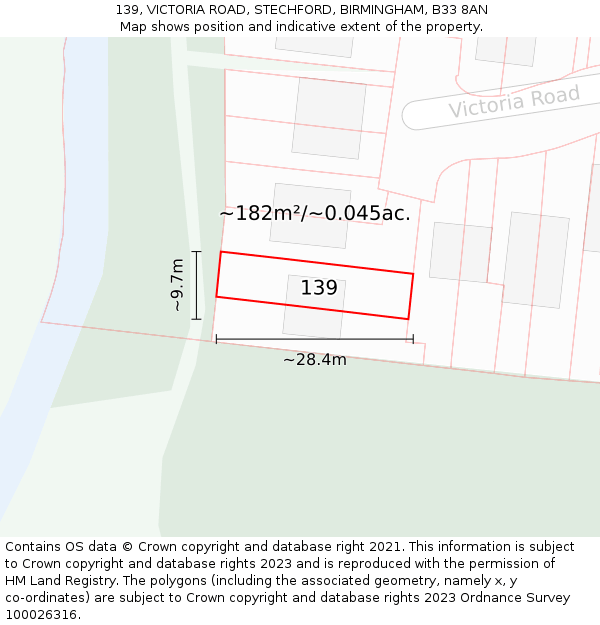 139, VICTORIA ROAD, STECHFORD, BIRMINGHAM, B33 8AN: Plot and title map