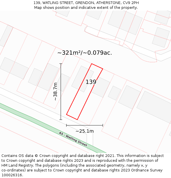 139, WATLING STREET, GRENDON, ATHERSTONE, CV9 2PH: Plot and title map