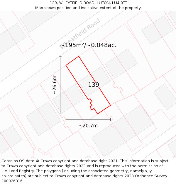 139, WHEATFIELD ROAD, LUTON, LU4 0TT: Plot and title map