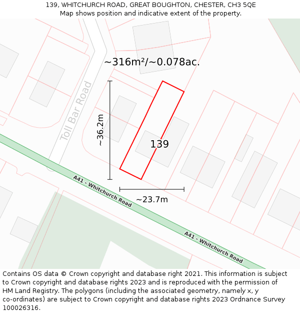 139, WHITCHURCH ROAD, GREAT BOUGHTON, CHESTER, CH3 5QE: Plot and title map