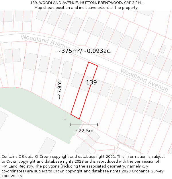 139, WOODLAND AVENUE, HUTTON, BRENTWOOD, CM13 1HL: Plot and title map