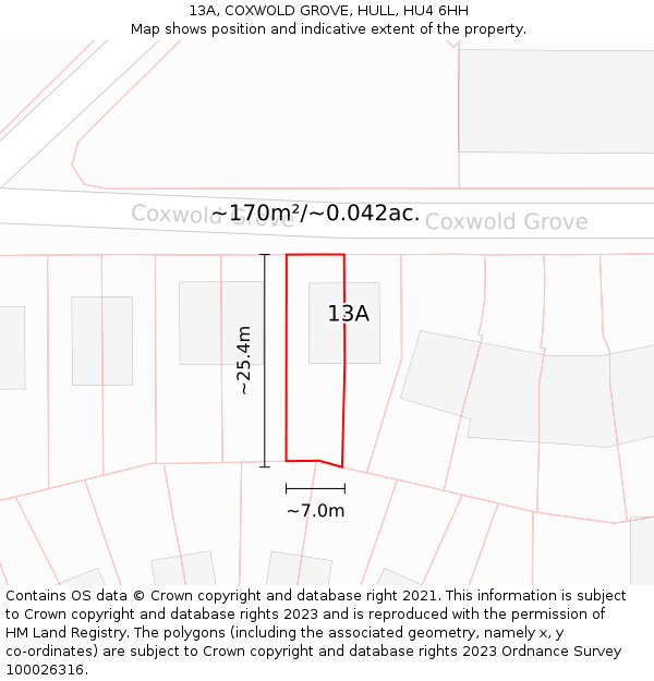 13A, COXWOLD GROVE, HULL, HU4 6HH: Plot and title map