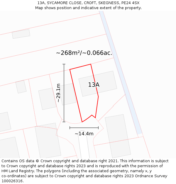 13A, SYCAMORE CLOSE, CROFT, SKEGNESS, PE24 4SX: Plot and title map