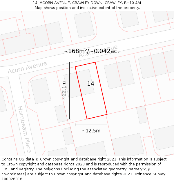 14, ACORN AVENUE, CRAWLEY DOWN, CRAWLEY, RH10 4AL: Plot and title map