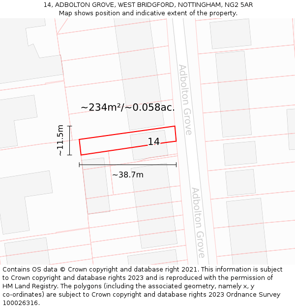 14, ADBOLTON GROVE, WEST BRIDGFORD, NOTTINGHAM, NG2 5AR: Plot and title map