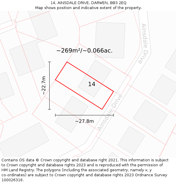 14, AINSDALE DRIVE, DARWEN, BB3 2EQ: Plot and title map