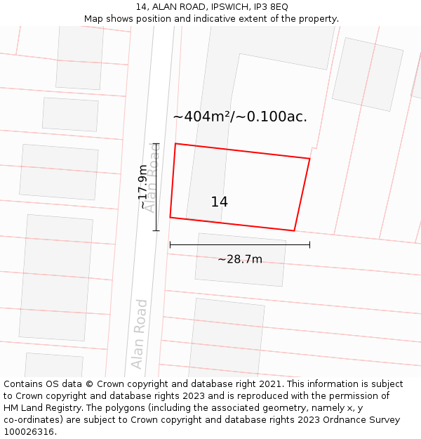 14, ALAN ROAD, IPSWICH, IP3 8EQ: Plot and title map