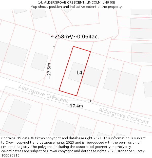 14, ALDERGROVE CRESCENT, LINCOLN, LN6 0SJ: Plot and title map