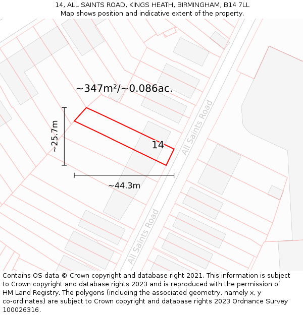 14, ALL SAINTS ROAD, KINGS HEATH, BIRMINGHAM, B14 7LL: Plot and title map