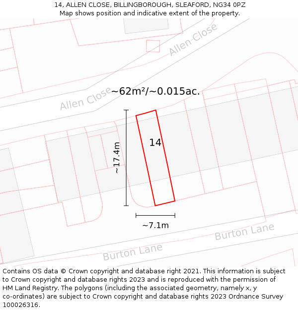 14, ALLEN CLOSE, BILLINGBOROUGH, SLEAFORD, NG34 0PZ: Plot and title map