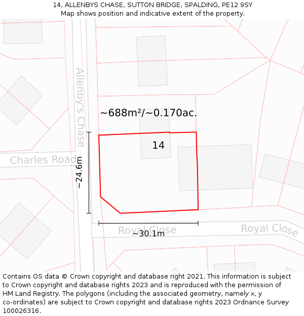 14, ALLENBYS CHASE, SUTTON BRIDGE, SPALDING, PE12 9SY: Plot and title map