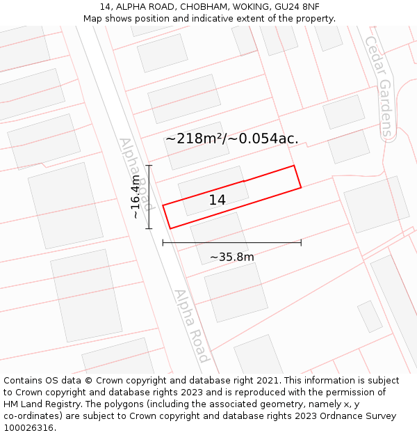 14, ALPHA ROAD, CHOBHAM, WOKING, GU24 8NF: Plot and title map