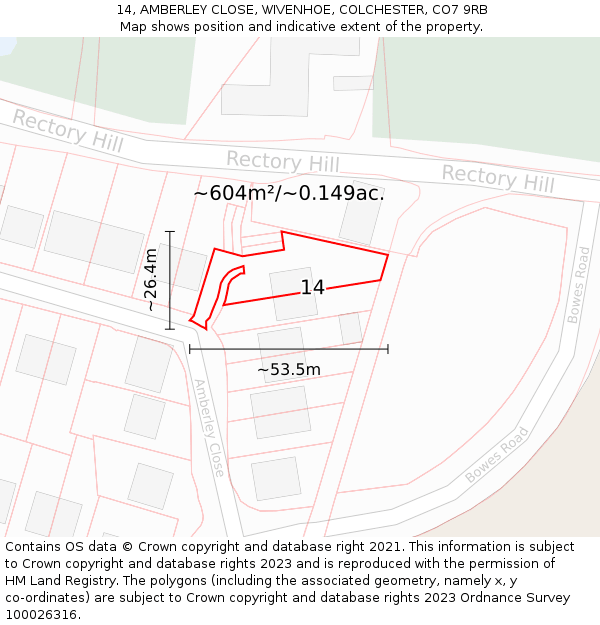 14, AMBERLEY CLOSE, WIVENHOE, COLCHESTER, CO7 9RB: Plot and title map