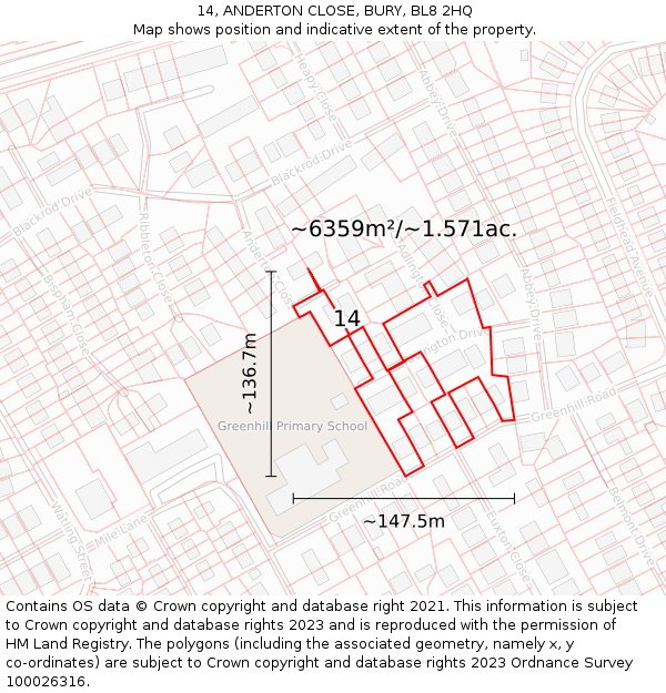 14, ANDERTON CLOSE, BURY, BL8 2HQ: Plot and title map