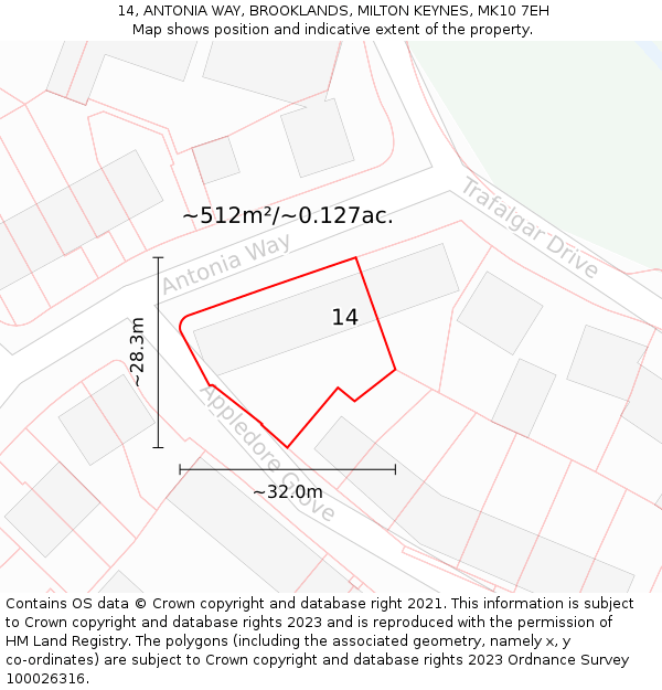 14, ANTONIA WAY, BROOKLANDS, MILTON KEYNES, MK10 7EH: Plot and title map