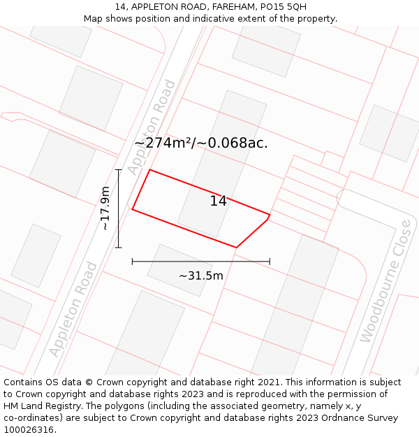 14, APPLETON ROAD, FAREHAM, PO15 5QH: Plot and title map