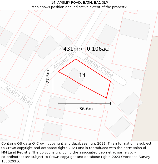 14, APSLEY ROAD, BATH, BA1 3LP: Plot and title map