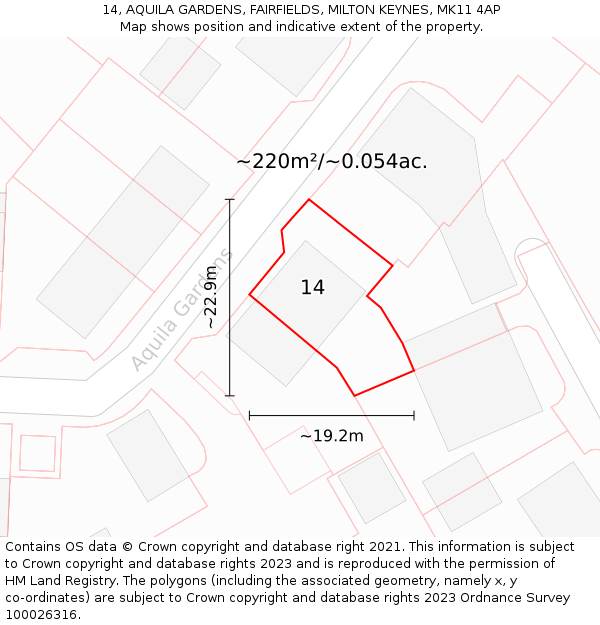 14, AQUILA GARDENS, FAIRFIELDS, MILTON KEYNES, MK11 4AP: Plot and title map