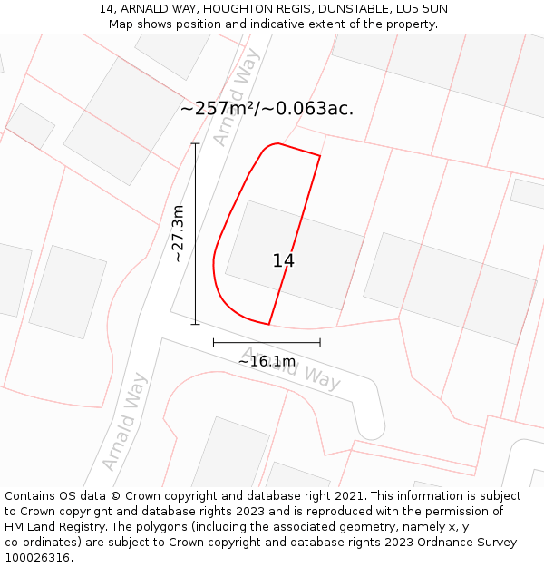 14, ARNALD WAY, HOUGHTON REGIS, DUNSTABLE, LU5 5UN: Plot and title map