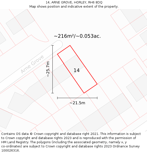 14, ARNE GROVE, HORLEY, RH6 8DQ: Plot and title map