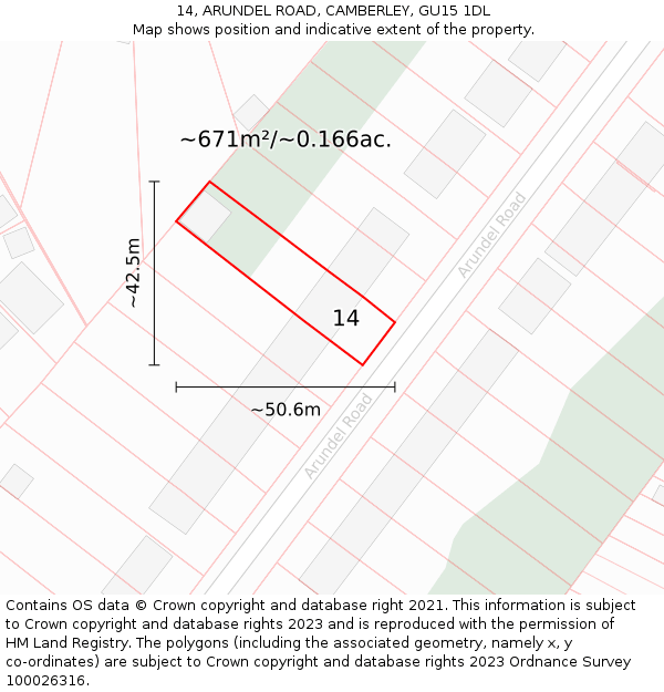 14, ARUNDEL ROAD, CAMBERLEY, GU15 1DL: Plot and title map