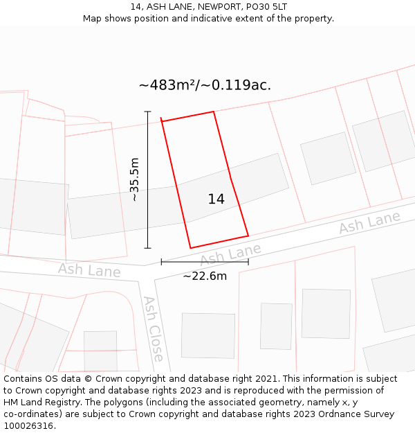 14, ASH LANE, NEWPORT, PO30 5LT: Plot and title map