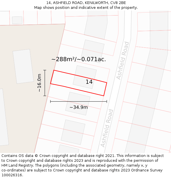 14, ASHFIELD ROAD, KENILWORTH, CV8 2BE: Plot and title map