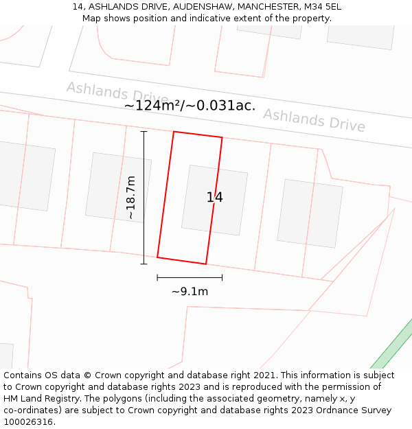 14, ASHLANDS DRIVE, AUDENSHAW, MANCHESTER, M34 5EL: Plot and title map