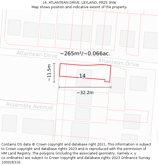 14, ATLANTEAN DRIVE, LEYLAND, PR25 3NW: Plot and title map