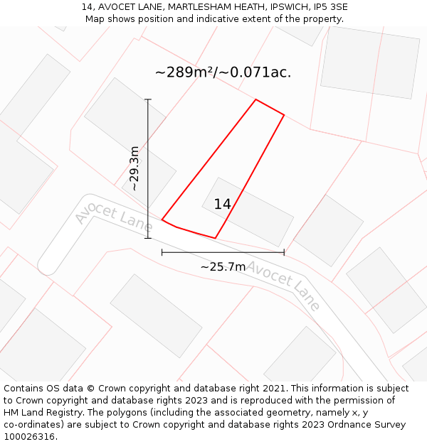 14, AVOCET LANE, MARTLESHAM HEATH, IPSWICH, IP5 3SE: Plot and title map