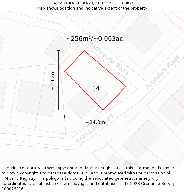 14, AVONDALE ROAD, SHIPLEY, BD18 4QX: Plot and title map