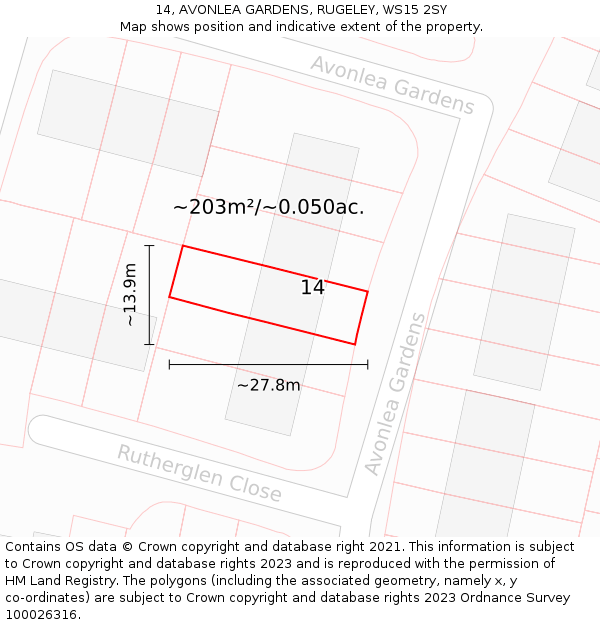 14, AVONLEA GARDENS, RUGELEY, WS15 2SY: Plot and title map