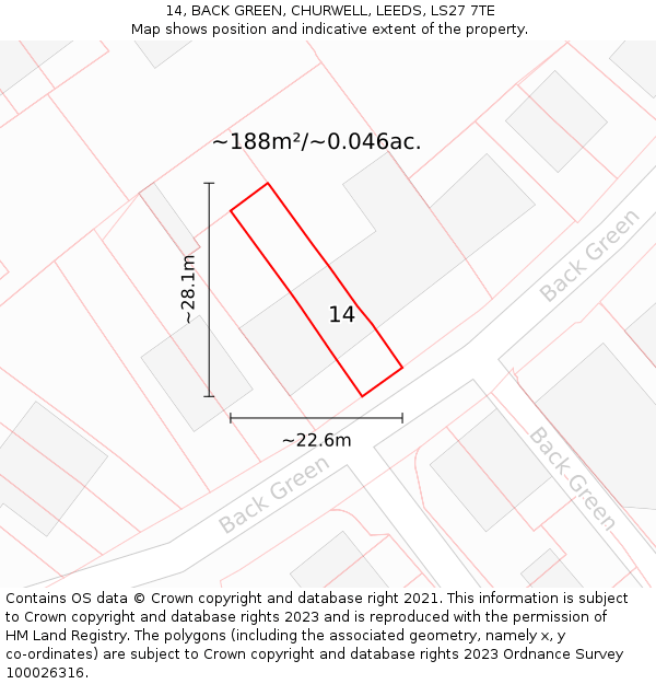 14, BACK GREEN, CHURWELL, LEEDS, LS27 7TE: Plot and title map