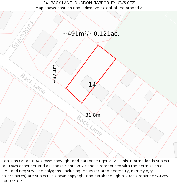 14, BACK LANE, DUDDON, TARPORLEY, CW6 0EZ: Plot and title map