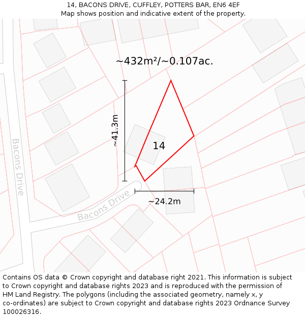 14, BACONS DRIVE, CUFFLEY, POTTERS BAR, EN6 4EF: Plot and title map