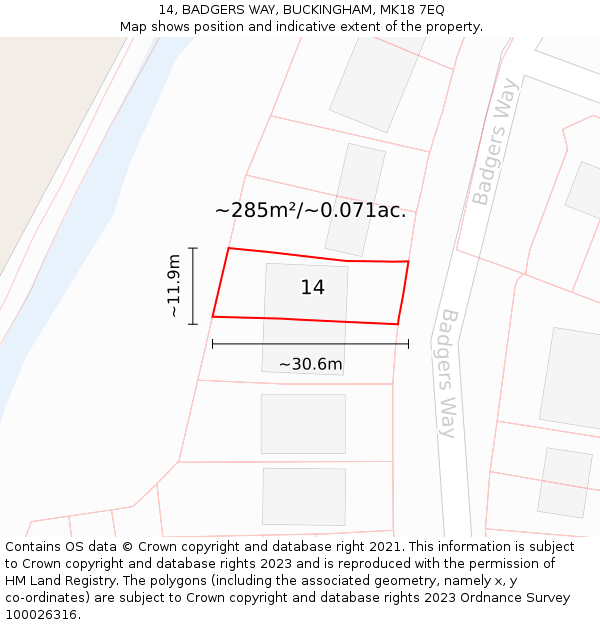 14, BADGERS WAY, BUCKINGHAM, MK18 7EQ: Plot and title map