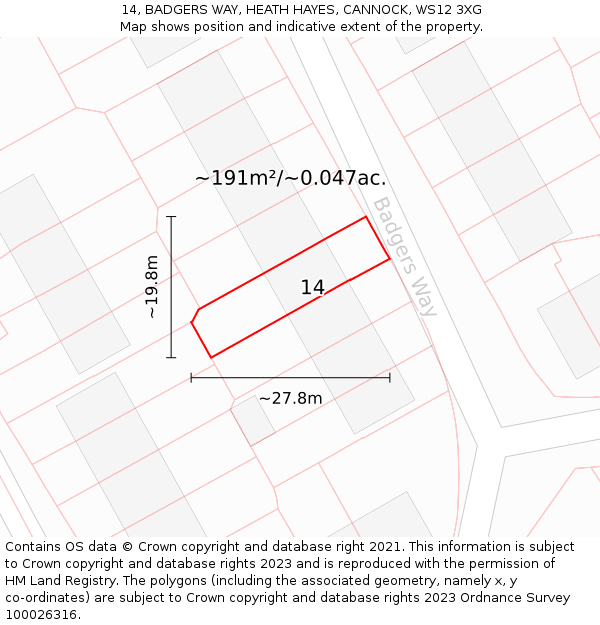 14, BADGERS WAY, HEATH HAYES, CANNOCK, WS12 3XG: Plot and title map