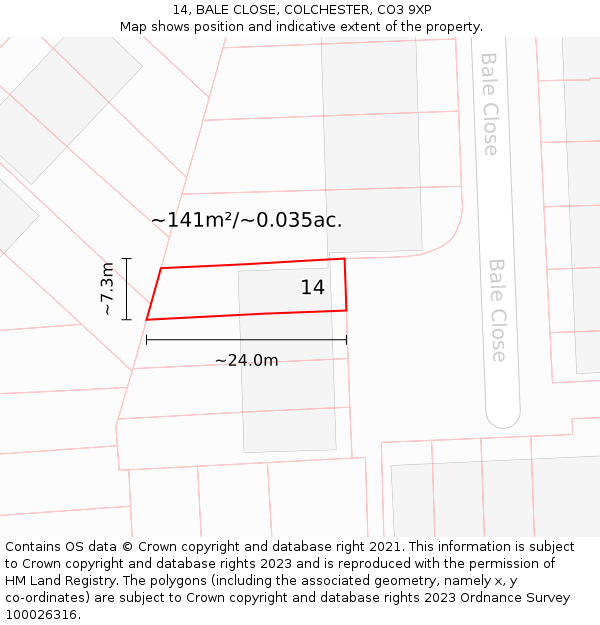 14, BALE CLOSE, COLCHESTER, CO3 9XP: Plot and title map